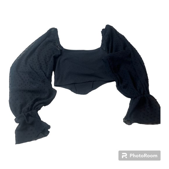 Urban Outfitters cropped long sleeve top w/ sheer dotted sleeves and cutout Sz S - Picture 5 of 6